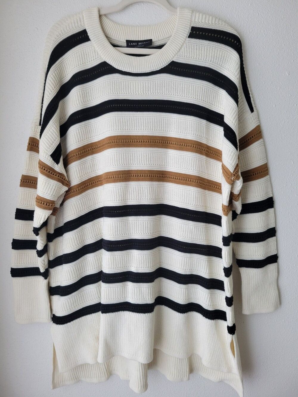 Lane Bryant 22/24 Striped Knit Sweater Long Pullover Tunic Ivory Black Brown NWT